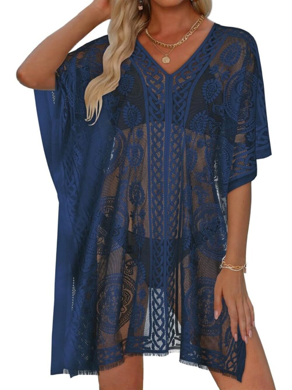 Women's Navy Blue V Neck Beach Loose Bikini Lace Bathing Suit Polyester Cover Up